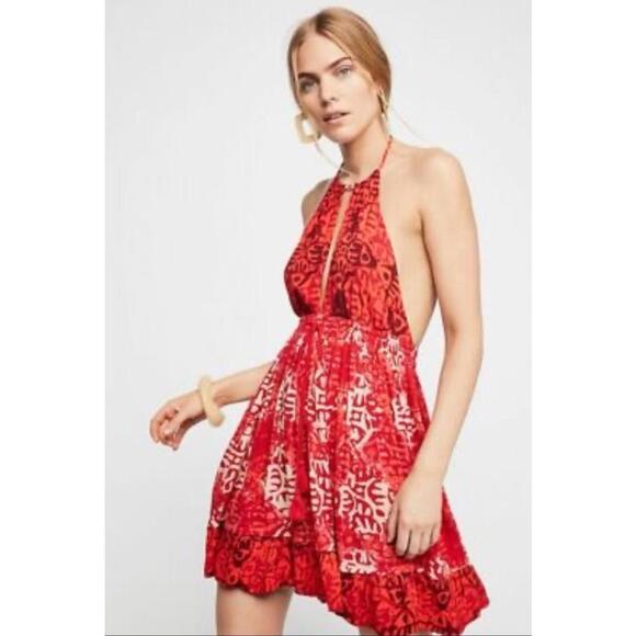 Womens Free People Beach Day Red Halter Mini Dress Size‎ Small S Tropical - Picture 1 of 7